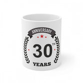 White ceramic 30th anniversary coffee mug with 330ml capacity, ideal for special occasions